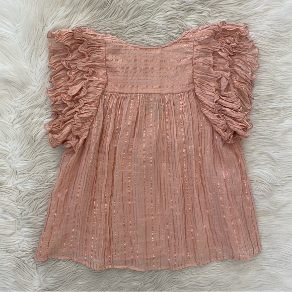 Ulla Johnson Blush Pink Metallic Stripe Ruffle Sleeve Tie Neck Cora Top Blouse - Picture 9 of 14